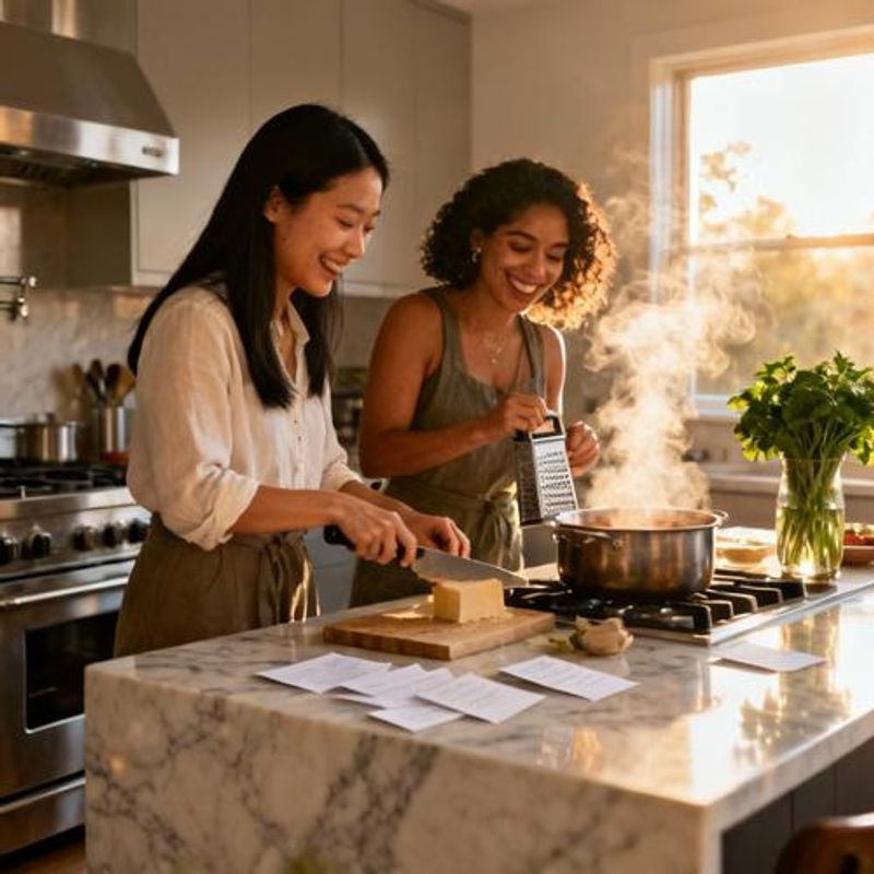 Two women cooking together in a kitchen, sharing ingredients from different cuisines