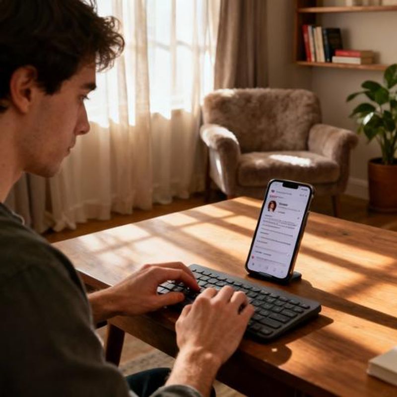 Person thoughtfully creating dating profile on smartphone