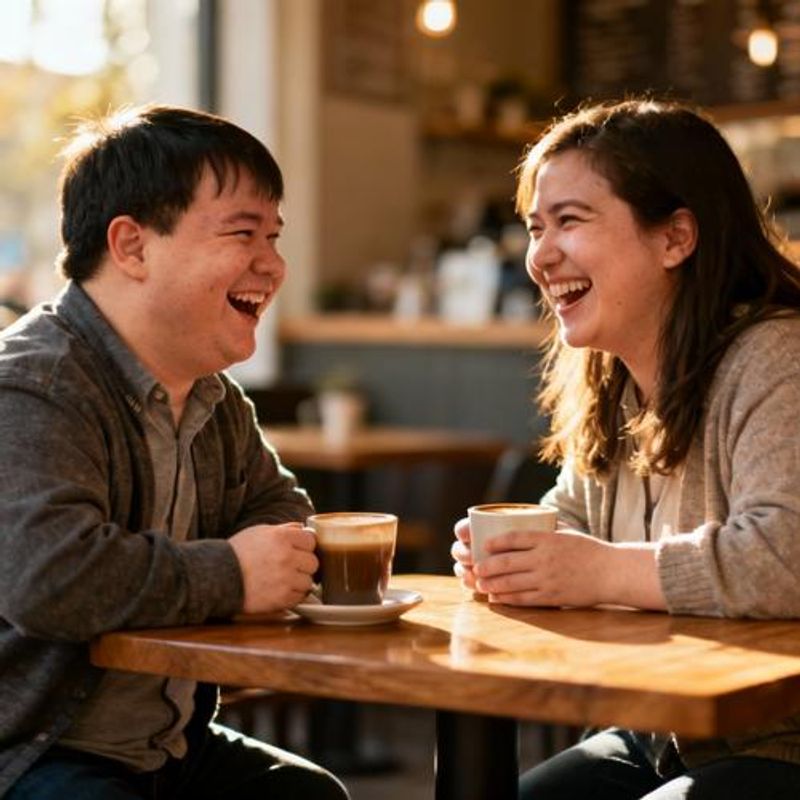 Couple with Down syndrome enjoying a casual coffee date, both smiling and engaged in conversation