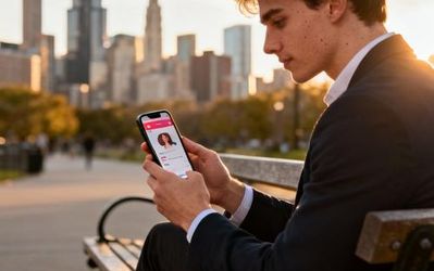 Young professional using dating app on smartphone in Chicago downtown with city skyline background
