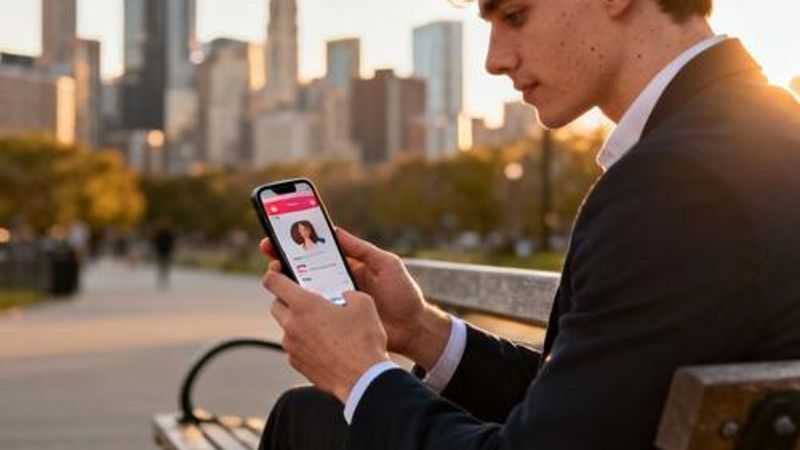 Young professional using dating app on smartphone in Chicago downtown with city skyline background