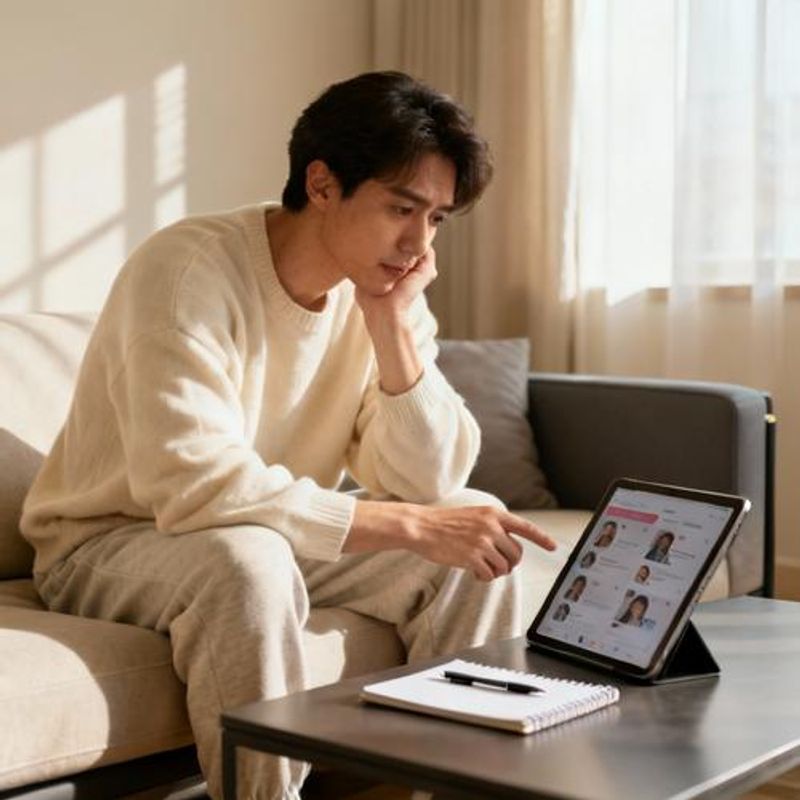 Person thoughtfully reviewing dating app profiles on tablet with notepad nearby