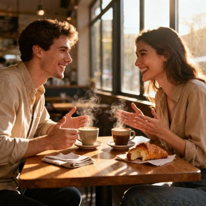 Happy couple on first coffee date looking at each other and smiling