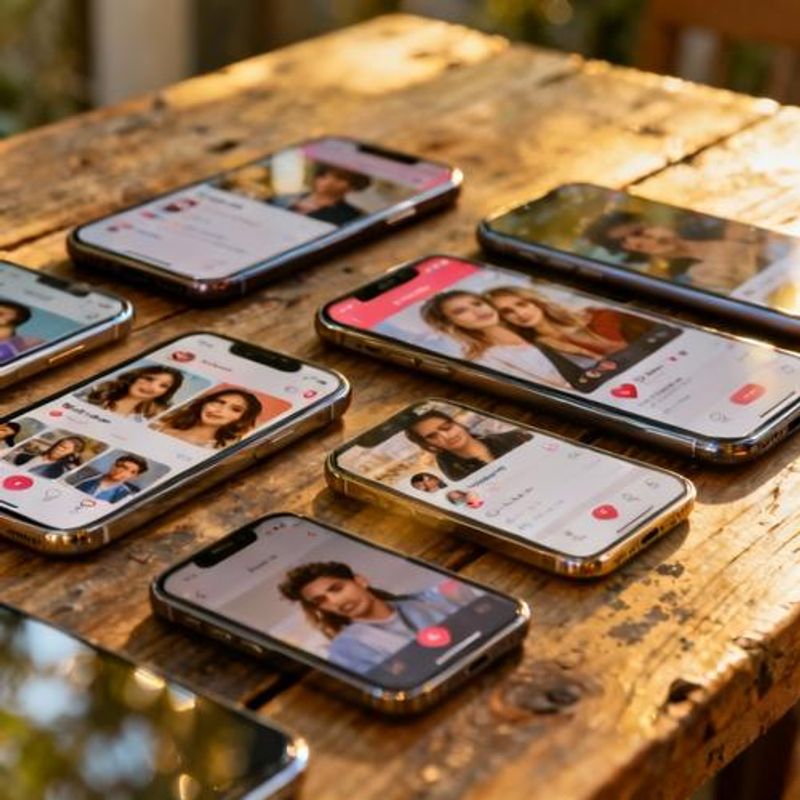 Multiple smartphone screens showing various dating app interfaces with diverse profile photos