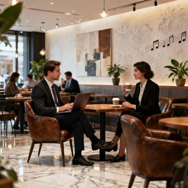 Elegant coffee shop scene with diverse professionals networking and socializing