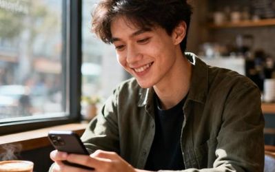 Young professional using dating app on smartphone at a modern cafe