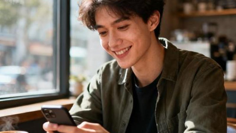 Young professional using dating app on smartphone at a modern cafe