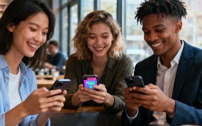 Young professionals using dating apps on smartphones in a modern coffee shop setting