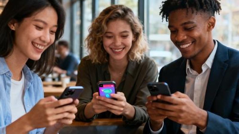 Young professionals using dating apps on smartphones in a modern coffee shop setting