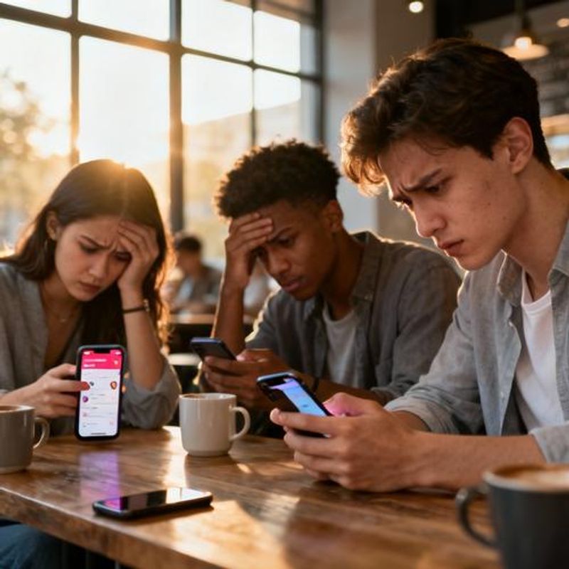 Diverse group of young people looking frustrated while using dating apps on their phones