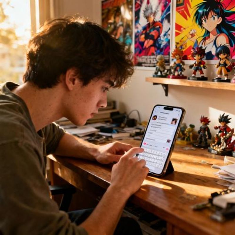 Person creating detailed dating profile on smartphone with anime posters visible