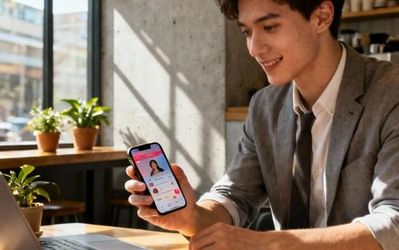 Person using Hinge dating app on smartphone in cozy coffee shop setting