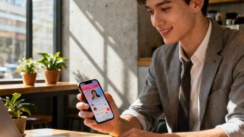 Person using Hinge dating app on smartphone in cozy coffee shop setting
