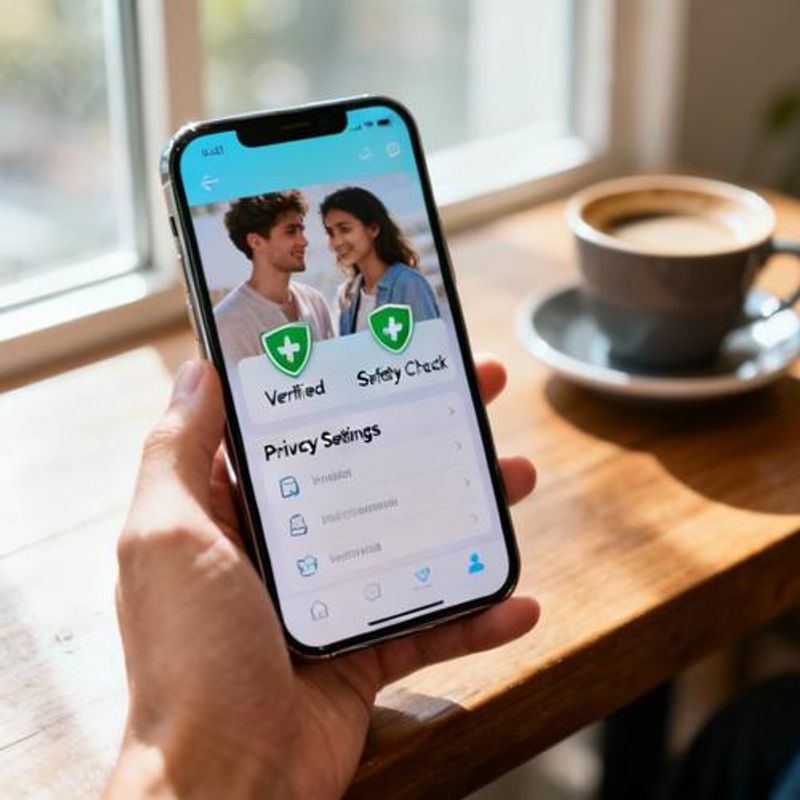 Dating app interface showing safety features and verification badges