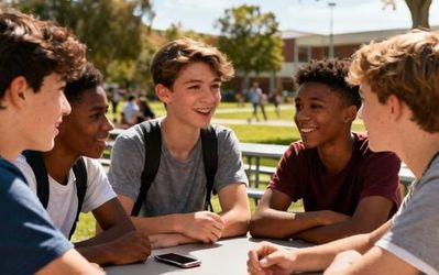 Teenage girl and boy having a friendly conversation while looking at smartphones in a bright, natural setting