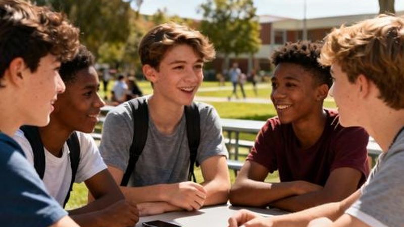 Teenage girl and boy having a friendly conversation while looking at smartphones in a bright, natural setting