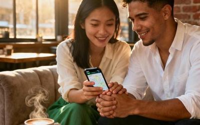 Diverse couple holding hands while looking at a smartphone together