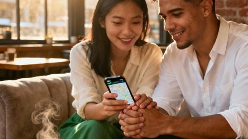Diverse couple holding hands while looking at a smartphone together
