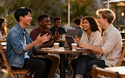 Young diverse group having coffee and conversation at outdoor cafe, showing authentic polyamorous dating connections