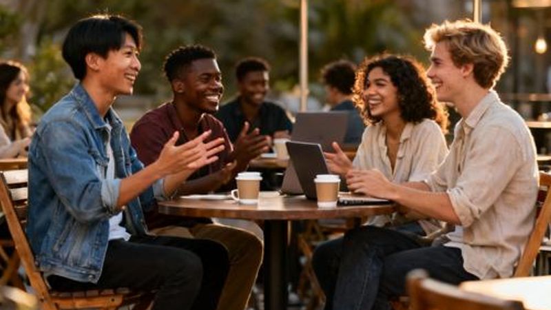 Young diverse group having coffee and conversation at outdoor cafe, showing authentic polyamorous dating connections