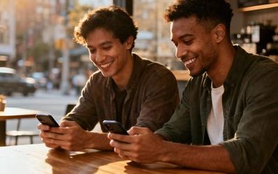 Two men from different cultural backgrounds having coffee and looking at their phones with dating apps