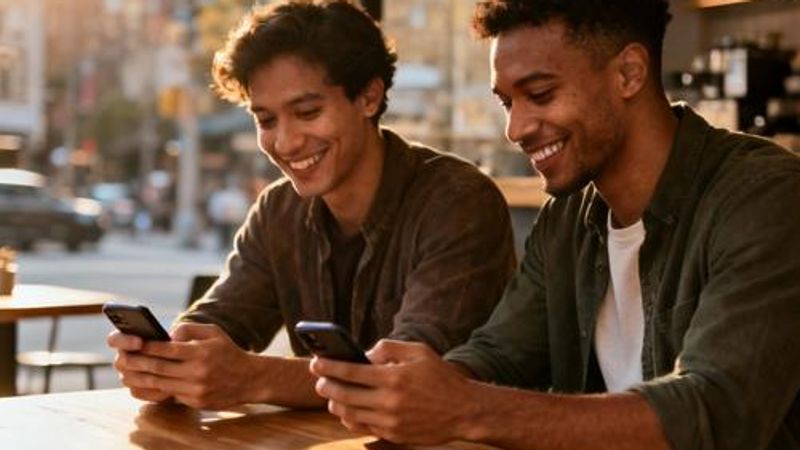 Two men from different cultural backgrounds having coffee and looking at their phones with dating apps