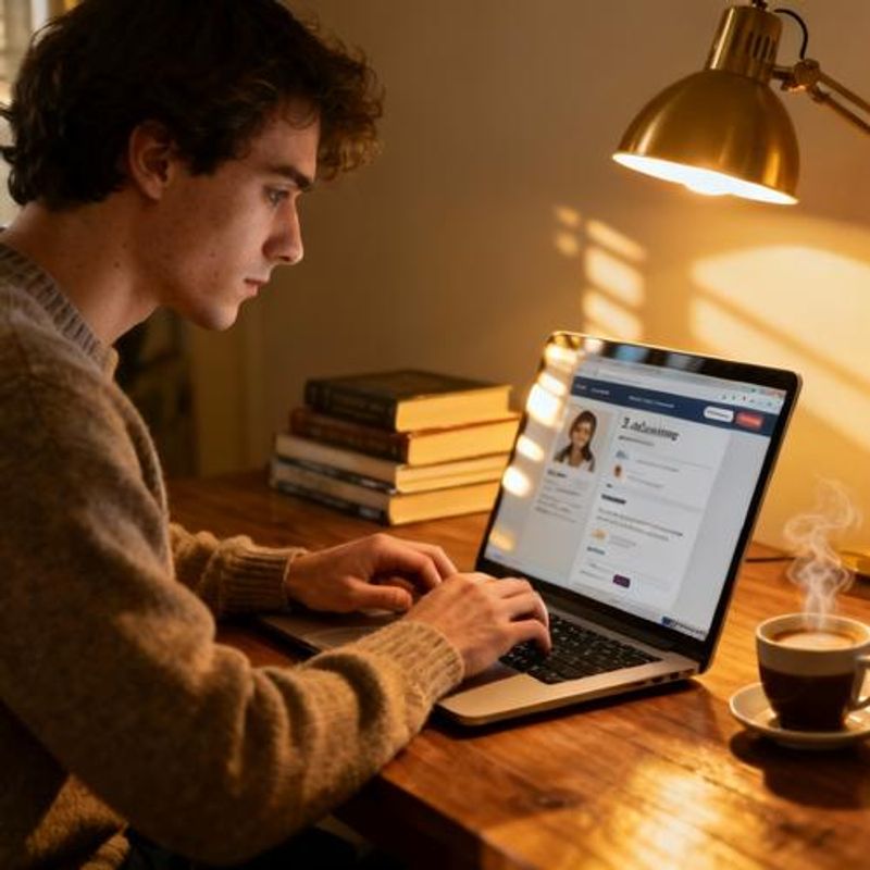 Person thoughtfully crafting their dating profile on their laptop