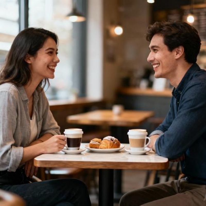 Two people meeting for coffee date, both looking comfortable and engaged