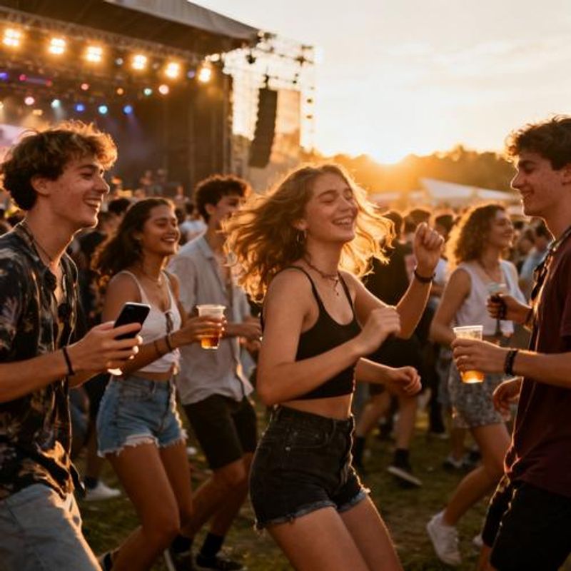 Group of diverse friends at a concert enjoying live music together