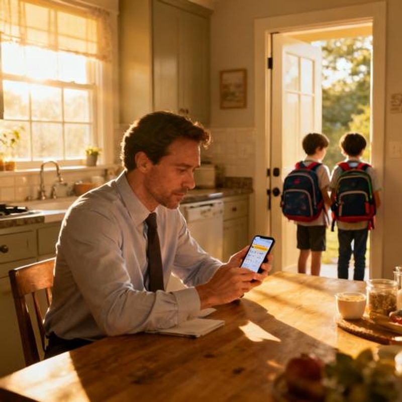 Organized single parent checking calendar on phone while children are at school