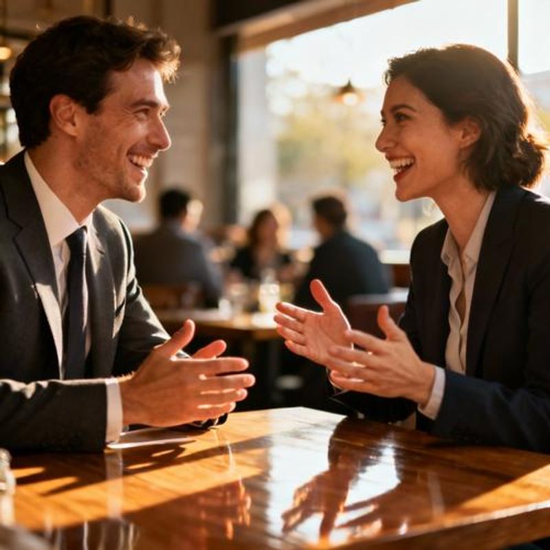 Two people having engaging conversation at upscale restaurant