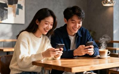 Young Asian couple having coffee and smiling while looking at their phones