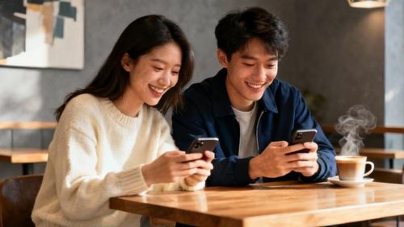 Young Asian couple having coffee and smiling while looking at their phones