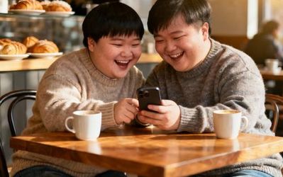 Two people with Down syndrome smiling while looking at a smartphone together in a cozy coffee shop setting