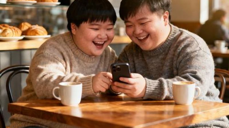 Two people with Down syndrome smiling while looking at a smartphone together in a cozy coffee shop setting