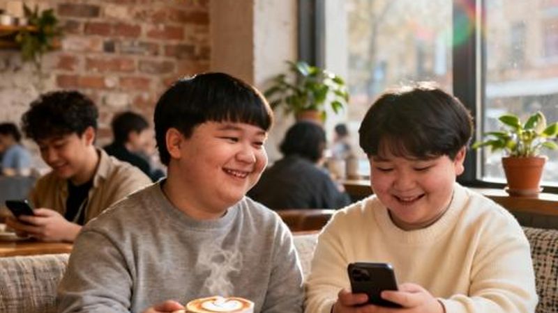 Young adults with Down syndrome smiling while using smartphones in a comfortable social setting