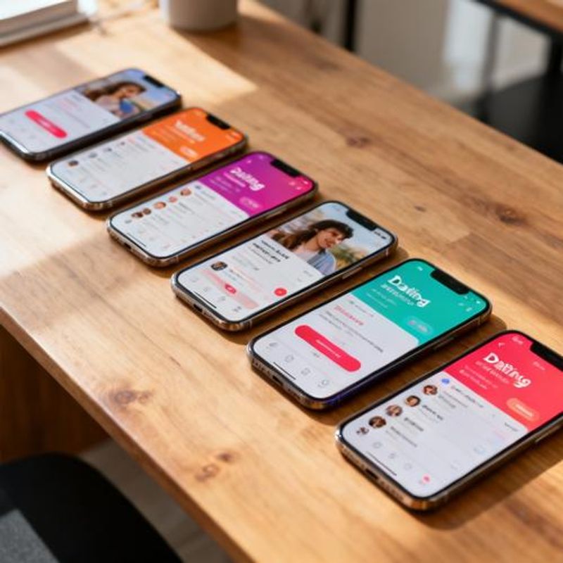 Various dating app logos displayed on smartphone screens arranged on wooden desk