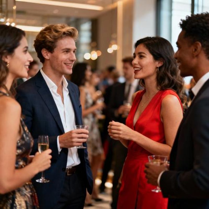 Diverse group of singles socializing at upscale modern event