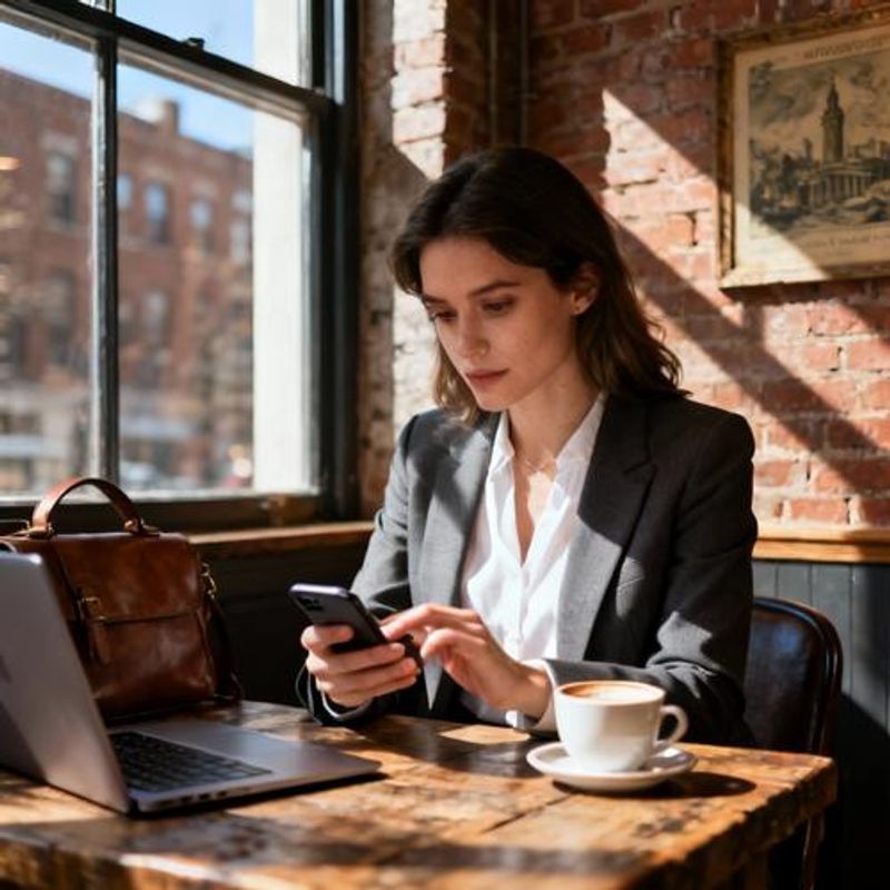 Young professional woman looking at phone while sitting in a trendy Boston coffee shop
