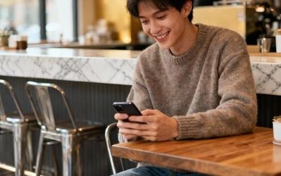 Person using dating app on smartphone with confident smile