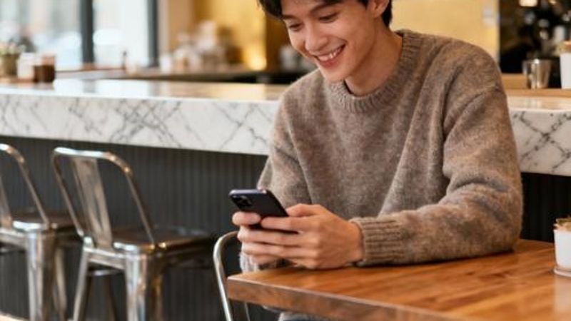 Person using dating app on smartphone with confident smile