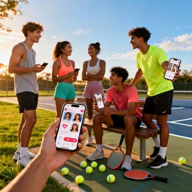 Diverse group of singles socializing after pickleball game with phones showing dating app interfaces