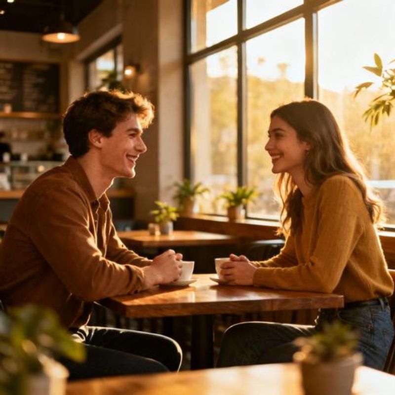 Couple having coffee together after meeting through dating app