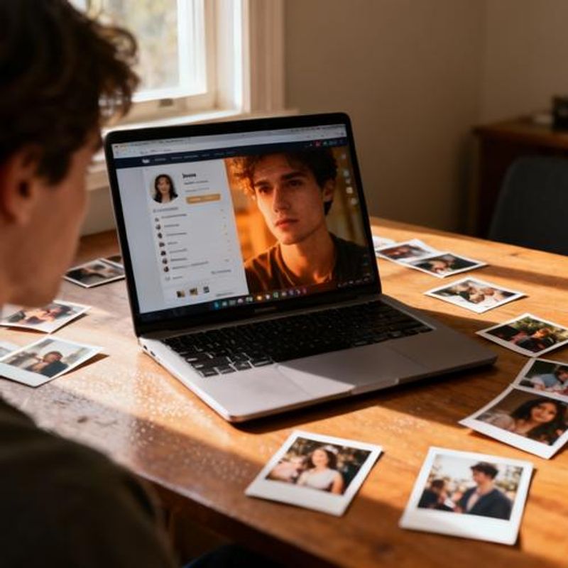 Person creating dating profile on laptop with photos spread out on desk