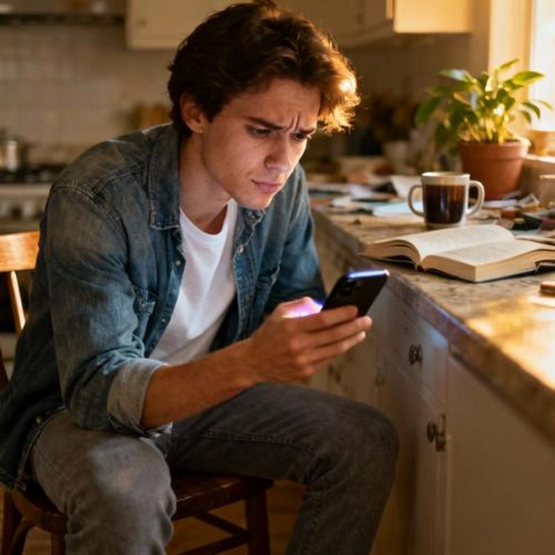 Person looking thoughtfully at their phone with concerned expression