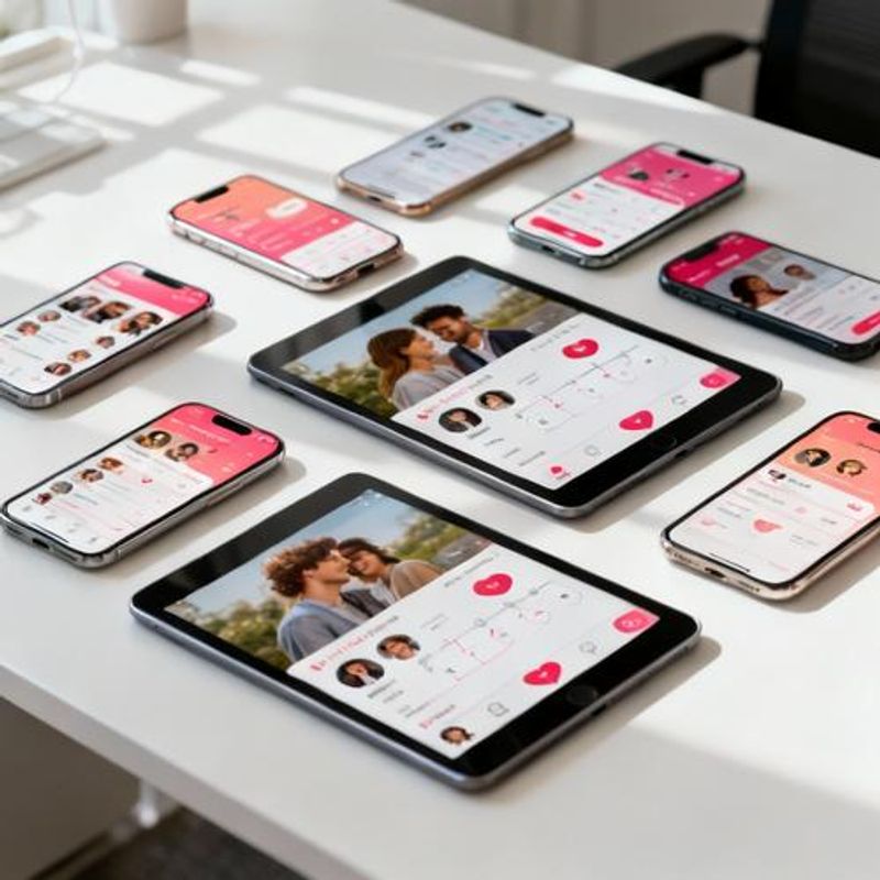 Multiple dating app interfaces displayed on various devices showing different matching algorithms