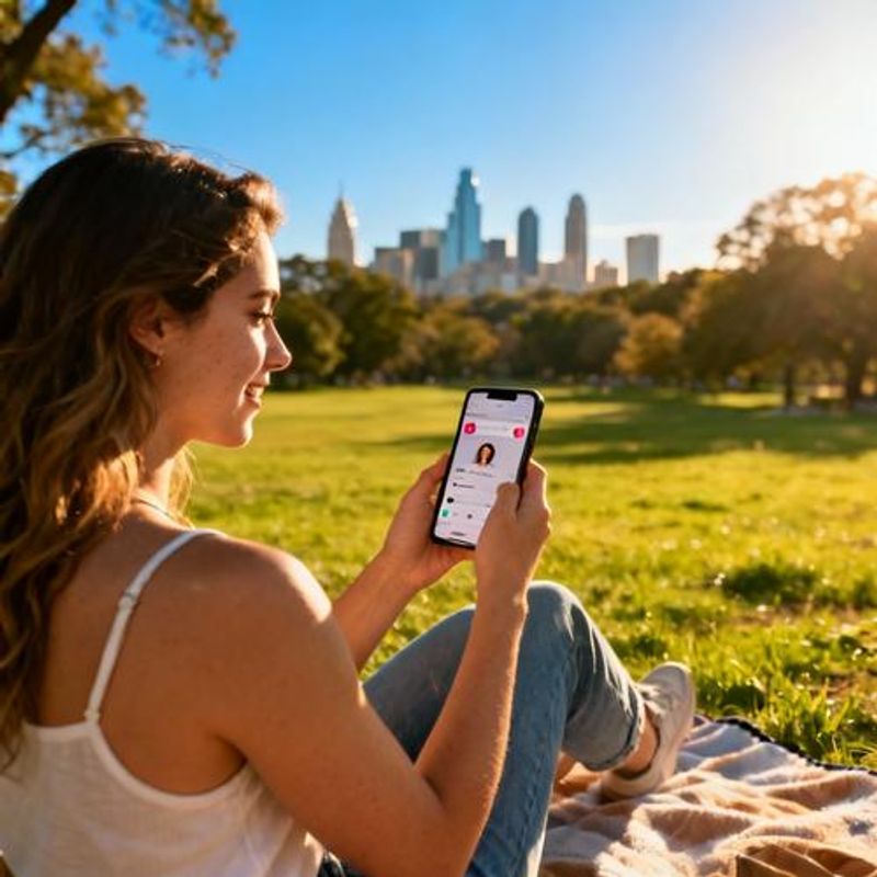 Person reviewing dating app profiles on phone at Zilker Park with Austin cityscape background