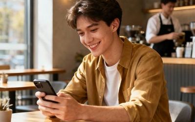 Young person using dating app on smartphone with confident smile