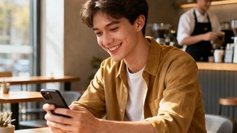 Young person using dating app on smartphone with confident smile