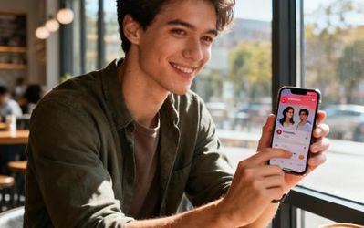 Young confident person using dating app on smartphone in modern coffee shop